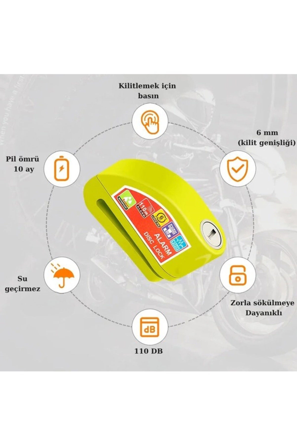 110 Db Motosiklet Alarmlı Disk Kilidi( Renkler ve Kilit Tipi(Düz/ Boru) karışık gönderilir.)